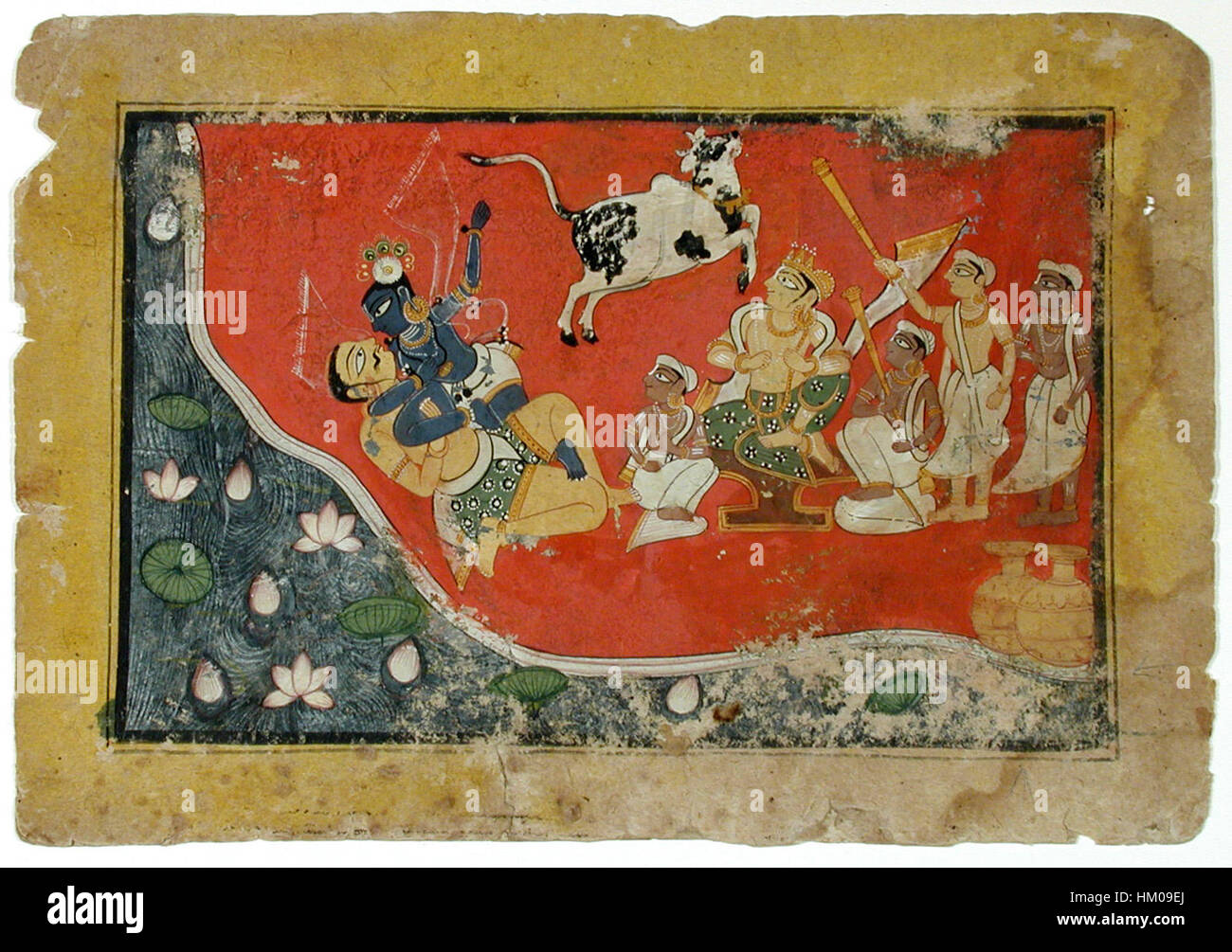 Questa opera raffigura il dio indù Krishna che sconfigge un demone accanto a un fiume. Il vibrante dipinto cattura la battaglia divina in un contesto mitologico indiano, riflettendo sia gli aspetti spirituali che culturali. Foto Stock