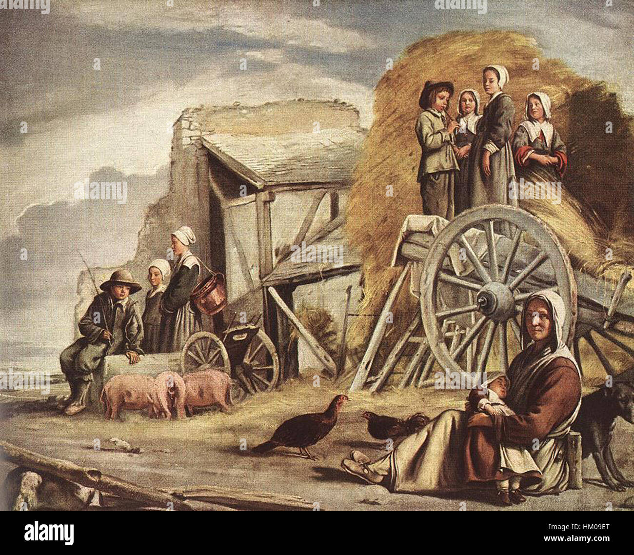 Un dipinto dei fratelli le Nain intitolato "il carrello o il ritorno dalla fienagione", che mostra la vita rurale durante il XVII secolo. L'opera d'arte cattura un momento di lavoro quotidiano, con contadini che tornano dal fieno in un carro. Foto Stock