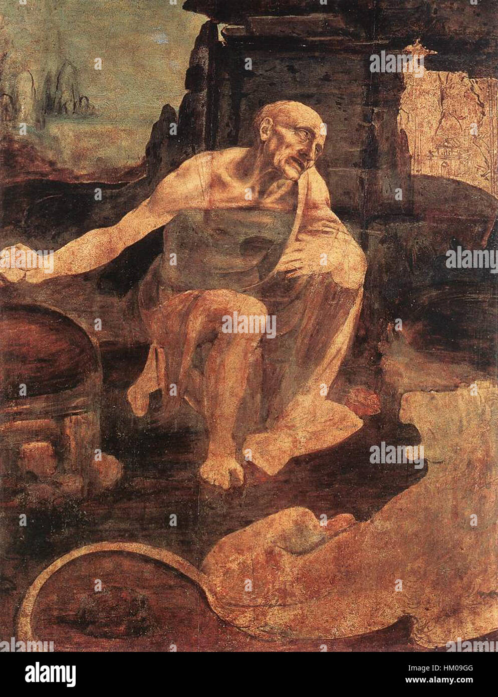 "San Girolamo" di Leonardo da Vinci è un'opera d'arte storica che rappresenta San Girolamo nella natura selvaggia. Questo pezzo incompiuto è notevole per la sua rappresentazione drammatica della pietà e dell'intellettualismo del santo, nonché per la maestria di da Vinci nel rendere l'emozione e i dettagli umani. Foto Stock "San Girolamo" di Leonardo da Vinci è un'opera d'arte storica che rappresenta San Girolamo nella natura selvaggia. Questo pezzo incompiuto è notevole per la sua rappresentazione drammatica della pietà e dell'intellettualismo del santo, nonché per la maestria di da Vinci nel rendere l'emozione e i dettagli umani. Foto Stock