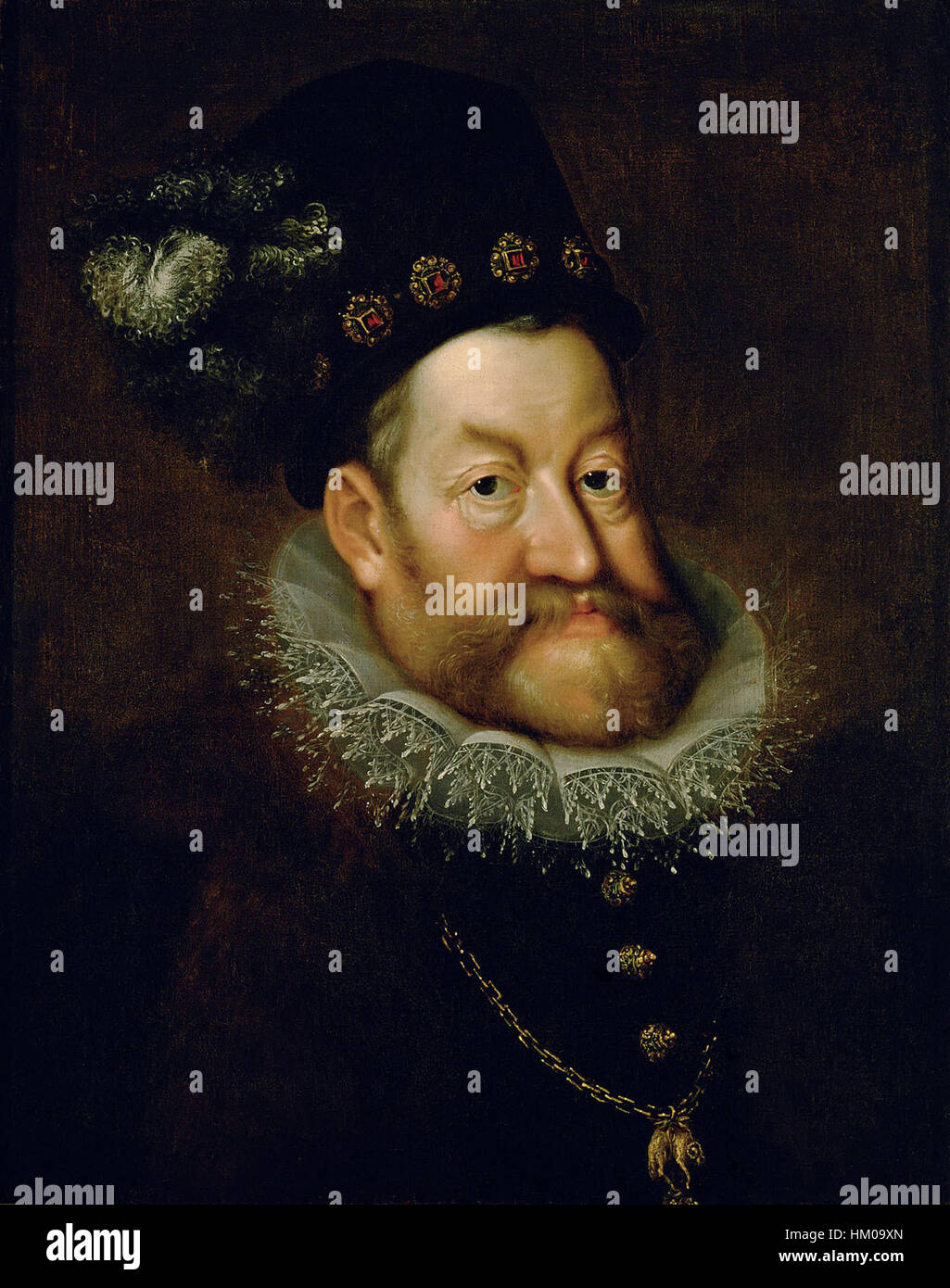 Il ritratto di Hans von Aachen dell'imperatore Rodolfo II cattura il sovrano in abiti regali, simboleggiando la sua autorità e la sua prominenza intellettuale nel Sacro Romano Impero. Il dipinto riflette l'abilità di von Aachen nel ritrarre le figure reali con vividi dettagli ed eleganza. Foto Stock