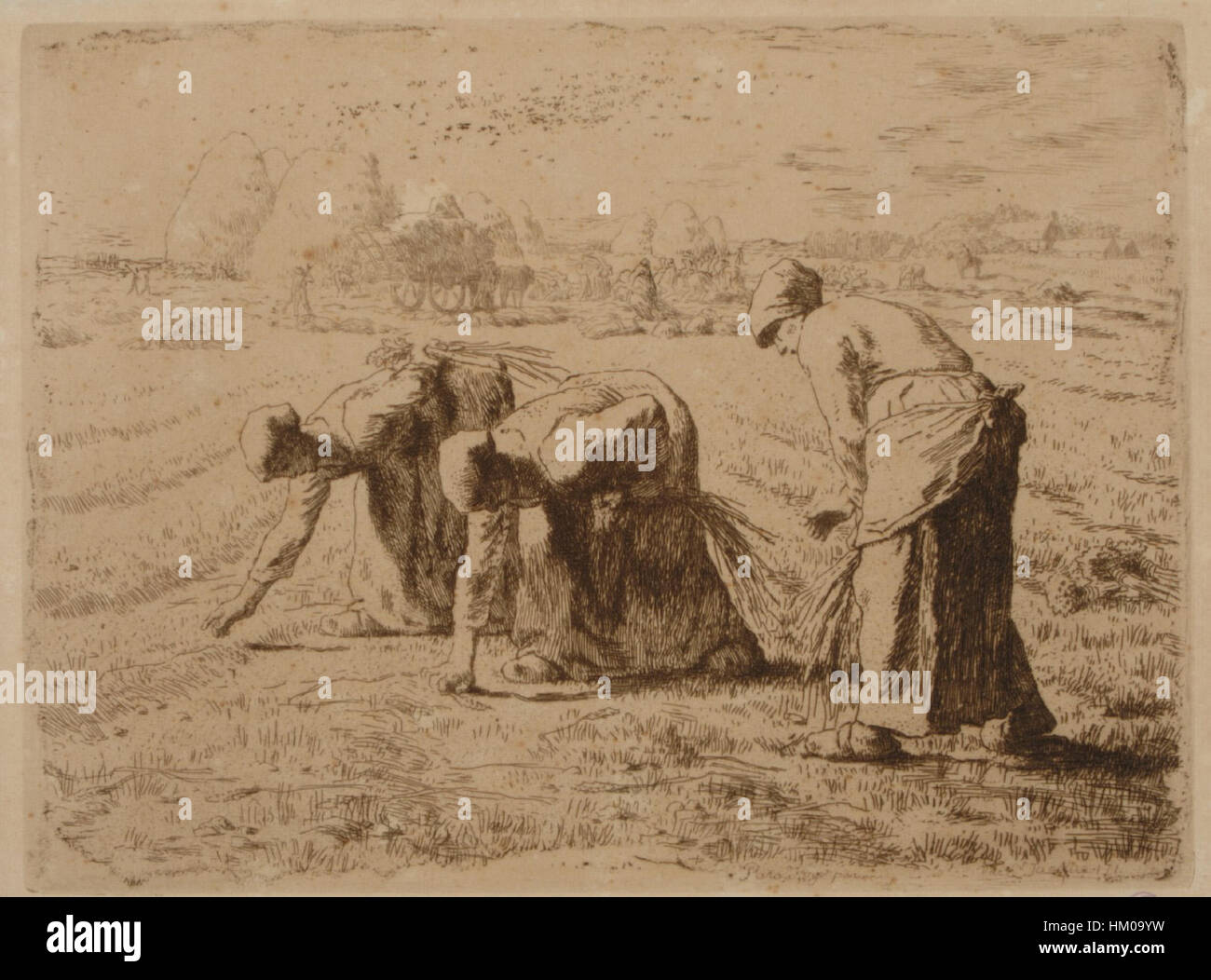 *Les Glaneuses* (i Gleaners) di Jean-Francois Millet, un'incisione del XIX secolo, ritrae le contadine che raccolgono le colture residue nei campi. Questa immagine cattura il duro lavoro e la dignità della vita rurale, sottolineando le condizioni sociali del tempo. Foto Stock
