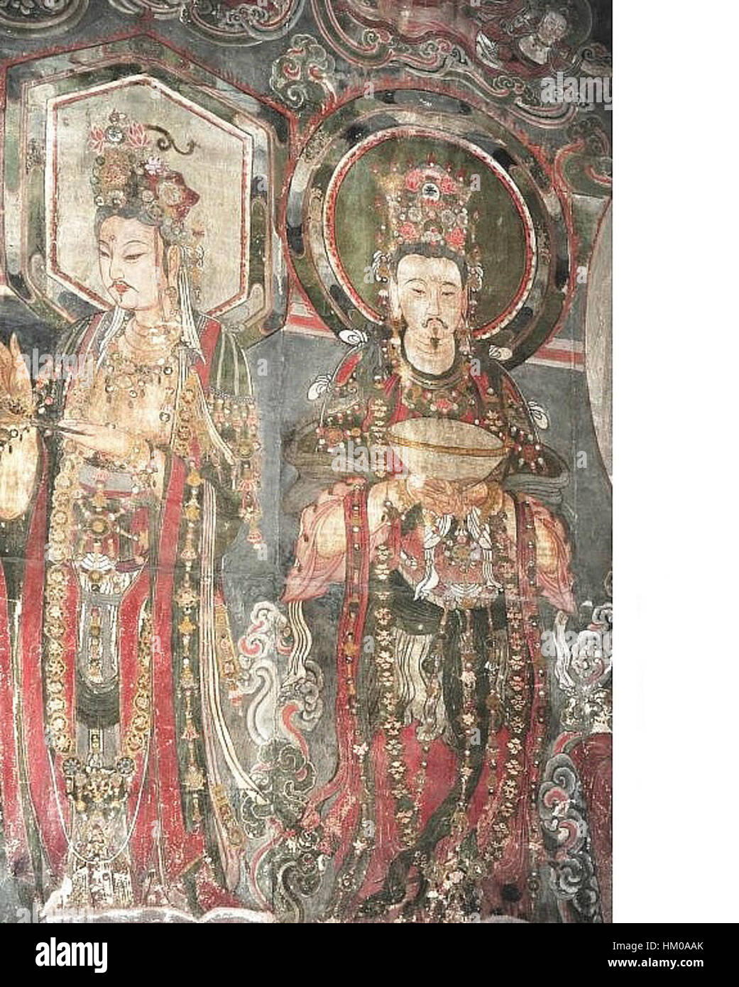 Questo affresco della dinastia Kin (1115-1234) nel tempio CH'ung-fu di Shuo-chou raffigura intricate scene religiose e culturali. Il dipinto esemplifica le tradizioni artistiche e il significato storico del periodo nella storia dell'arte cinese. Foto Stock
