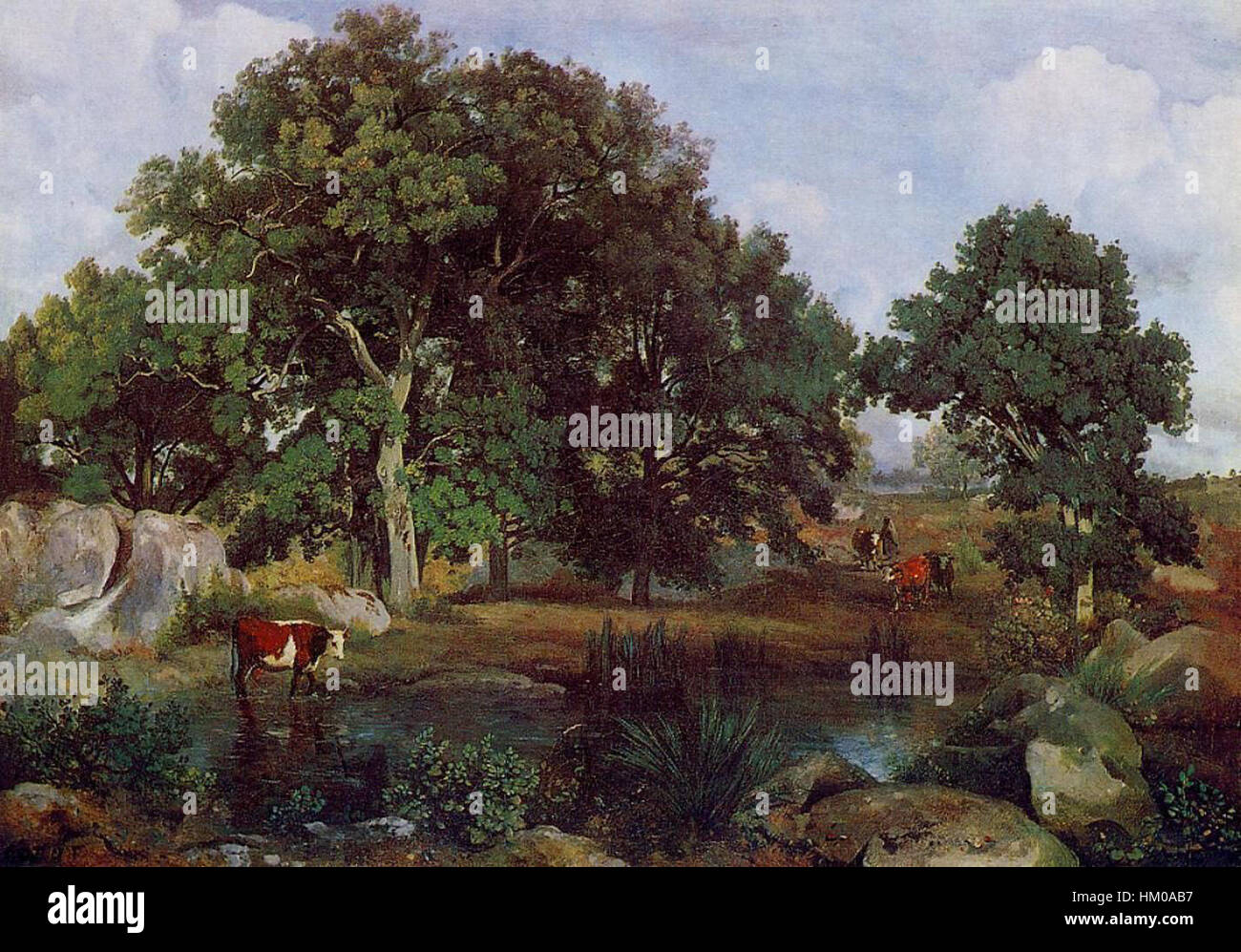 Un dipinto della Foresta di Fontainebleau, che mostra la lussureggiante vegetazione e la bellezza naturale della foresta francese. Le opere d'arte catturano l'atmosfera tranquilla e il tranquillo paesaggio di questa iconica posizione. Foto Stock