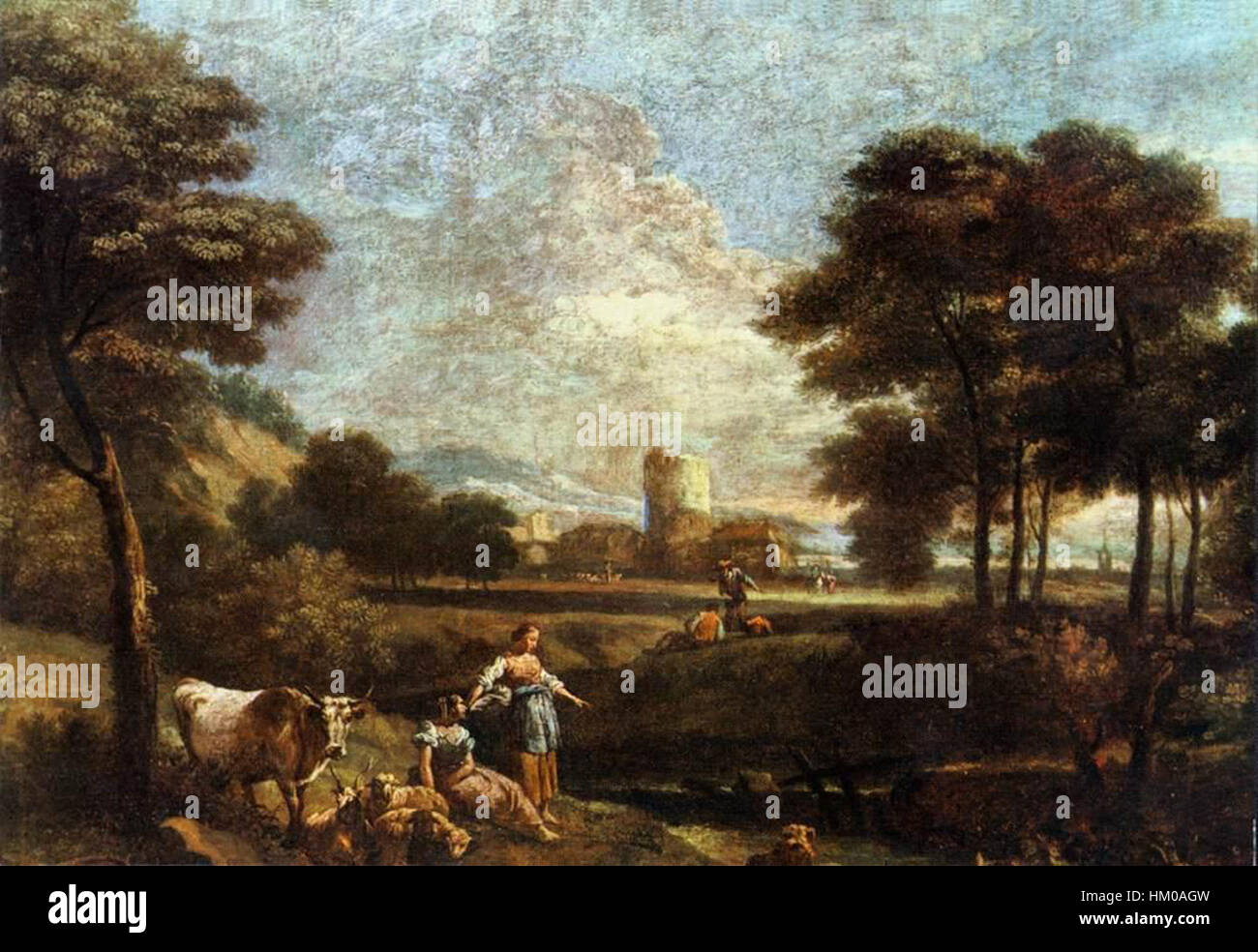 Il "paesaggio con pastori e pescatori" di Giuseppe Zais è un classico esempio di pittura paesaggistica veneziana del XVIII secolo. Il pezzo raffigura la vita rurale lungo un fiume, mostrando l'uso sapiente della luce e della profondità atmosferica di Zais. Foto Stock