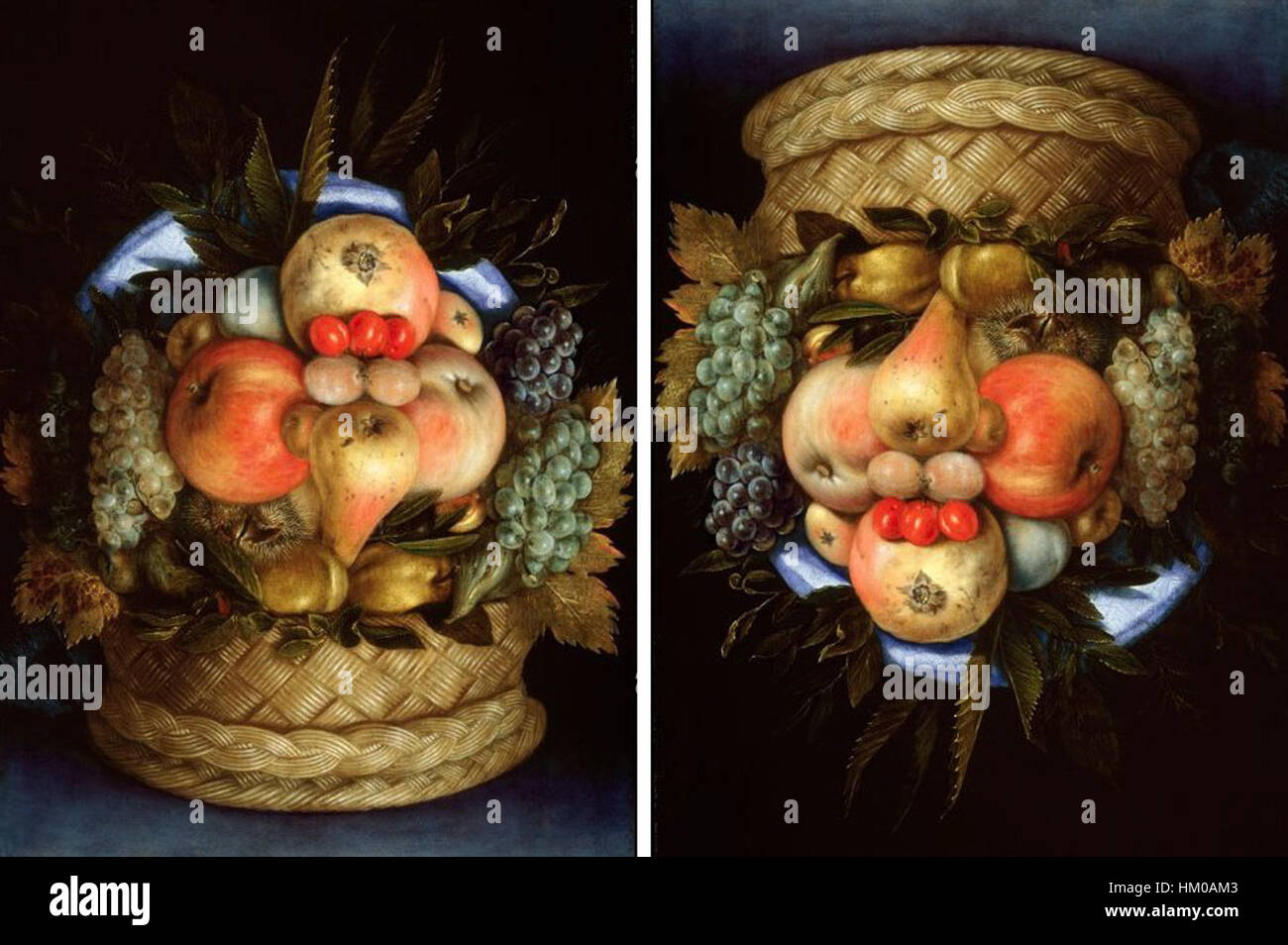 "Testa reversibile con cesto di frutta" di Giuseppe Arcimboldo (c. 1590) è un dipinto ad olio noto per la sua composizione unica, dove la testa del soggetto è formata da una raccolta di frutta e verdura, riflettendo l'approccio innovativo di Arcimboldo alla ritrattistica. Foto Stock