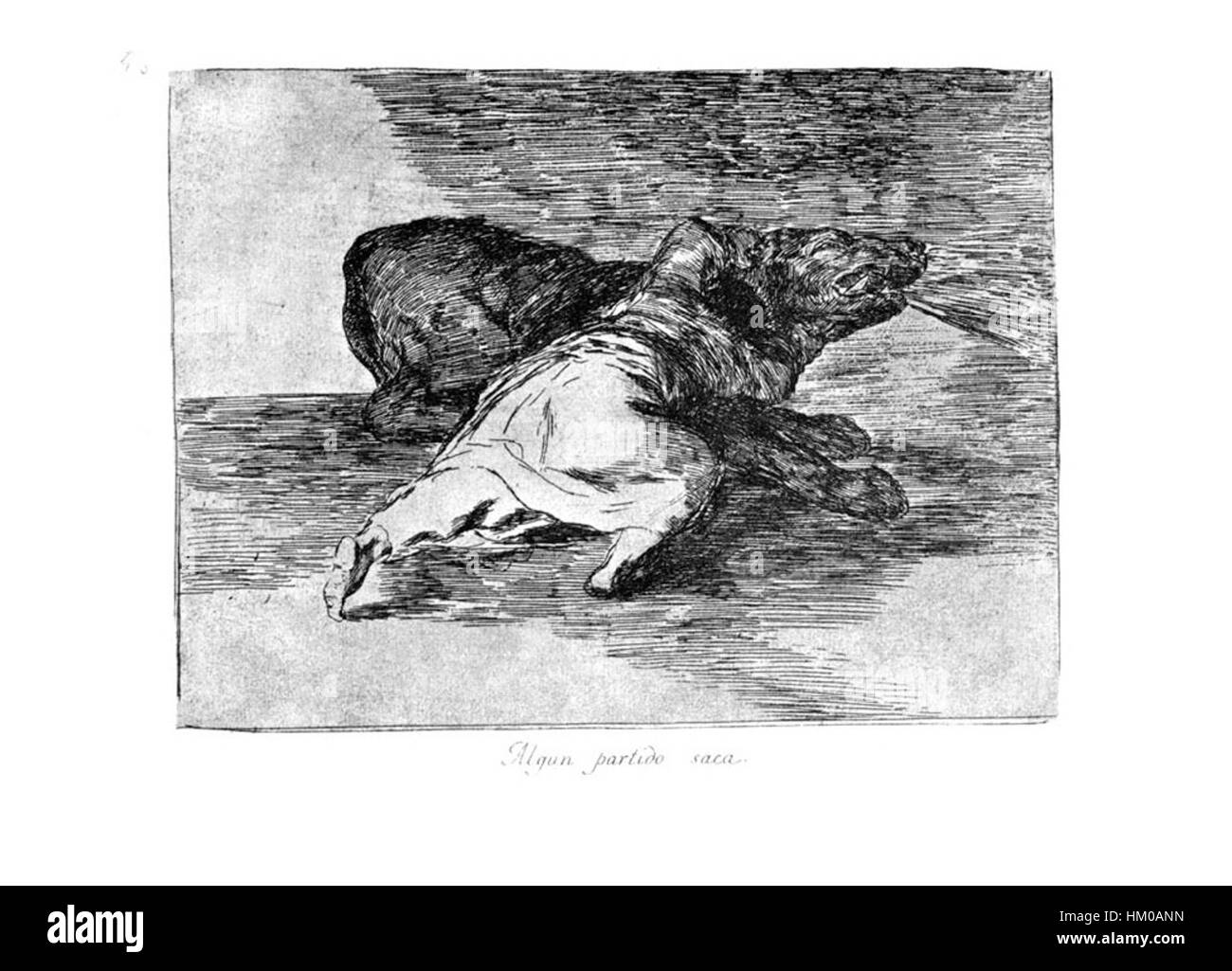 Questa opera d'arte, "Goya-Guerra (40)", attribuita a Francisco Goya, mostra lo stile oscuro ed espressivo dell'artista. Riflette la tensione e la profondità emotiva delle opere successive di Goya, influenzate dai disordini politici del suo tempo. Foto Stock