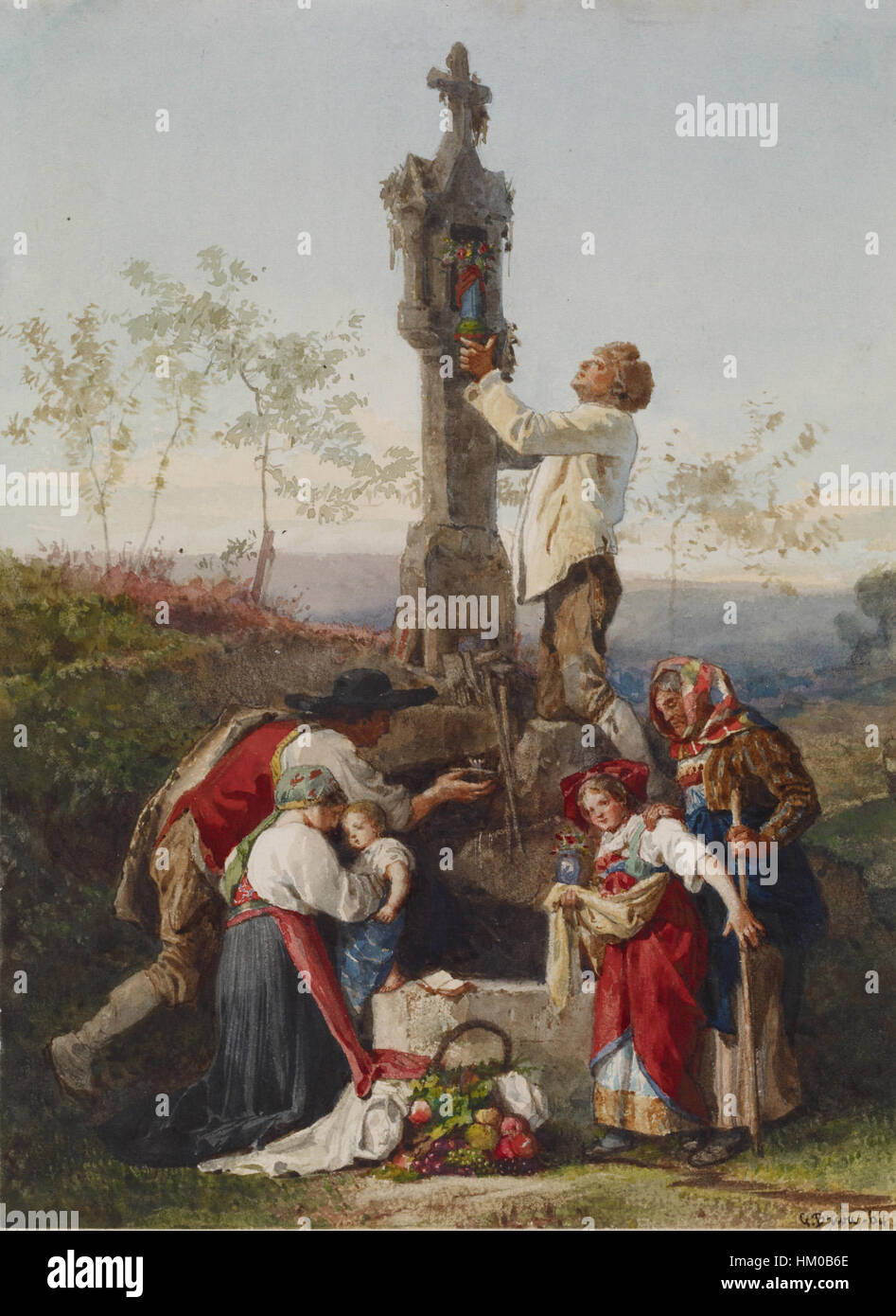 Il "Peasants Decorating Wayside Shrine" di Gustave Brion raffigura i contadini rurali nell'atto di abbellire un santuario, mostrando l'interesse di Brion per la vita rurale e la devozione religiosa nel XIX secolo. Foto Stock