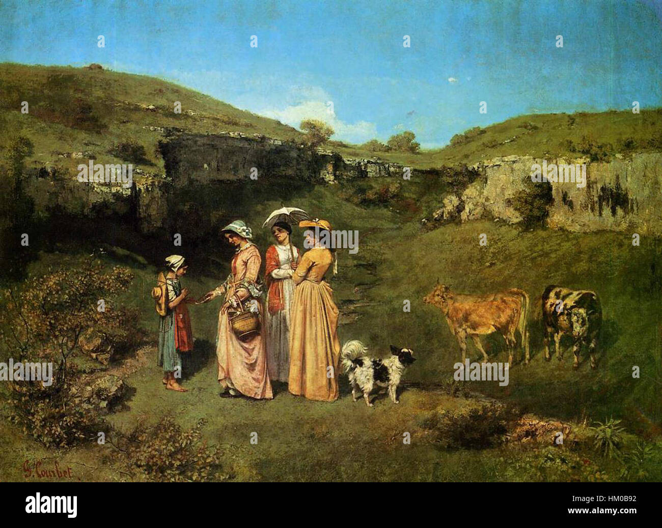 "Young Women from the Village" di Gustave Courbet ritrae le donne rurali in uno stile naturalistico, riflettendo l'attenzione dell'artista sulla vita quotidiana nella Francia rurale durante il XIX secolo. Il dipinto è un segno distintivo del realismo di Courbet. Foto Stock