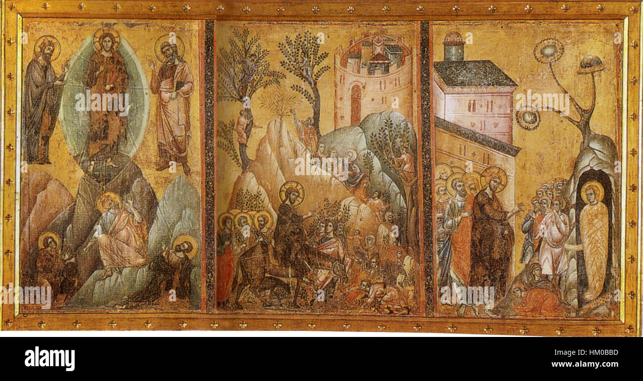 Questa opera di Guido da Siena raffigura la Trasfigurazione di Cristo, il suo ingresso a Gerusalemme e la Resurrezione di Lazzaro, momenti chiave della storia biblica cristiana. Foto Stock Questa opera di Guido da Siena raffigura la Trasfigurazione di Cristo, il suo ingresso a Gerusalemme e la Resurrezione di Lazzaro, momenti chiave della storia biblica cristiana. Foto Stock