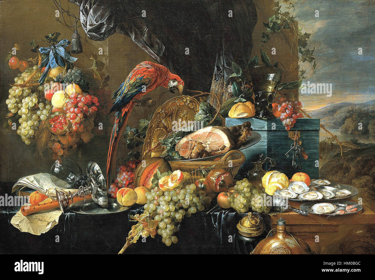Heem, Jan Davidsz. de - una ricca tavola apparecchiata con pappagalli - c. 1650 Foto Stock
