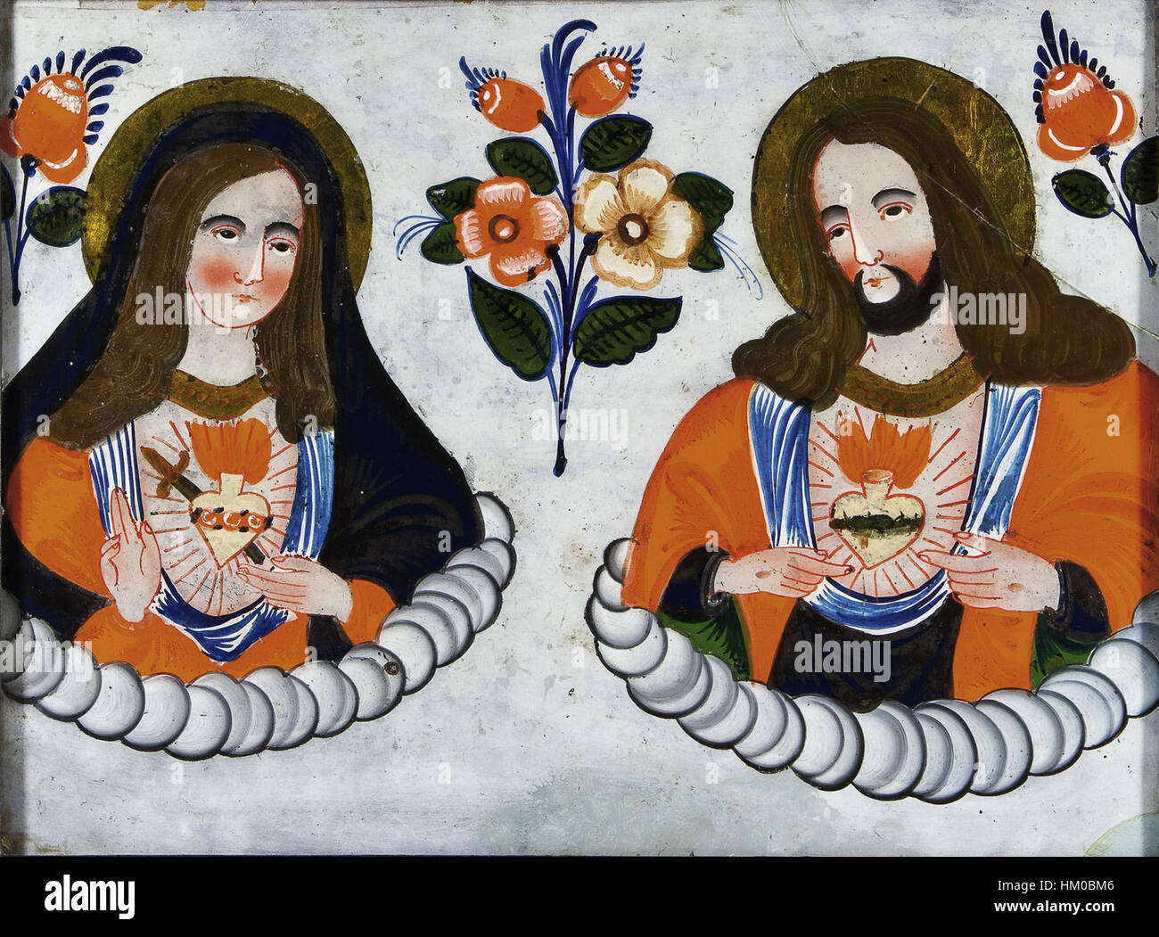 L'Hinterglasbild Herz Mariens Herz Jesu è un'immagine in vetro dipinto del XIX secolo raffigurante il Sacro cuore di Maria e Gesù. L'opera riflette la devozione religiosa e le tradizioni dell'arte popolare del tempo. Foto Stock