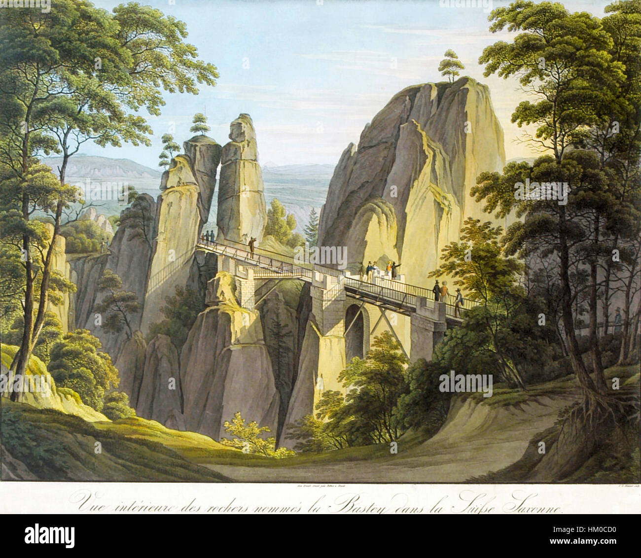 Il *Basteibruecke* di Christian Gottlob Hammer è un bell'esempio di pittura paesaggistica tedesca del XVIII secolo. L'opera raffigura l'iconico ponte Bastei nella regione della Svizzera sassone, catturandone la bellezza paesaggistica e l'ambiente naturale con notevoli dettagli. Foto Stock