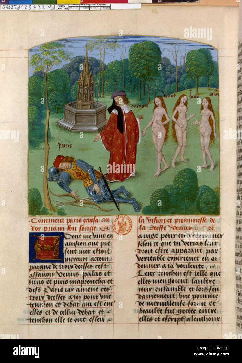 Questo dipinto, "il giudizio di Parigi", è ispirato all'antico mito greco e mostra Parigi che prende la fatidica decisione di assegnare la mela d'oro alla dea più bella, che conduce alla guerra di Troia. L'opera d'arte cattura il momento chiave della mitologia classica con un'attenzione particolare alle espressioni degli dei e al ruolo fondamentale di Parigi. Foto Stock