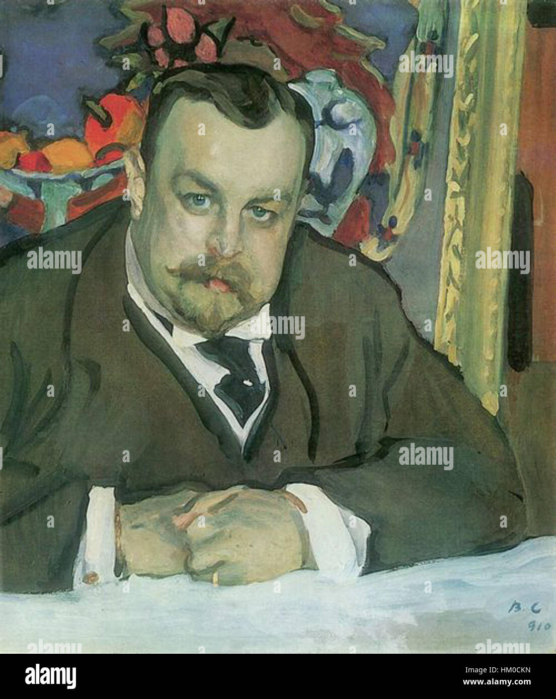 Un ritratto di Iwan Abramowitsch Morosow, dipinto da Valentin Alexandrovich Serov nel 1910. Questo dipinto ad olio cattura la figura distinta di Morosow, un uomo d'affari e filantropo russo. Serov, noto per il suo stile realistico, ritrae Morosow in modo elegante ed espressivo, contribuendo alla scena artistica russa dell'inizio del XX secolo. Foto Stock