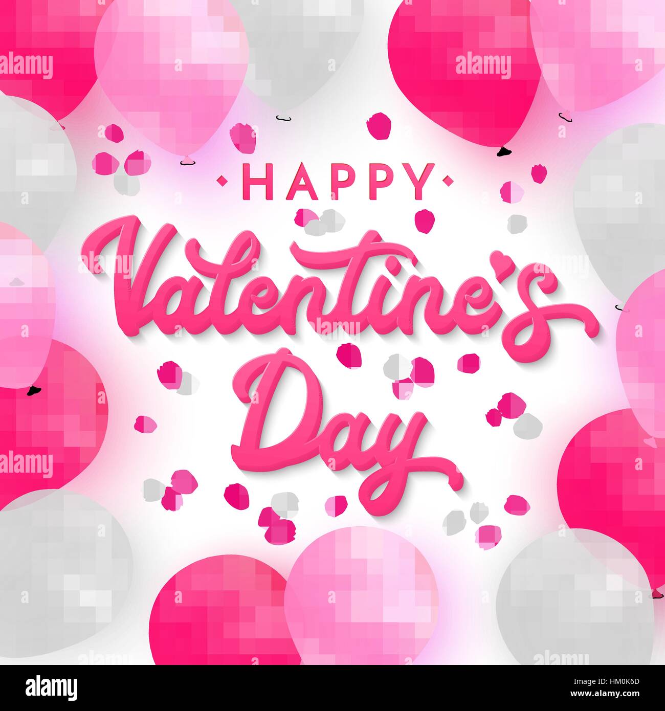 Valentines Day card con 3d rosa scritte a mano il testo su sfondo romantico con bianco, rosa e deep pink palloncini realistici su sfondo con petali di rosa. Font illustrazione vettoriale. Illustrazione Vettoriale