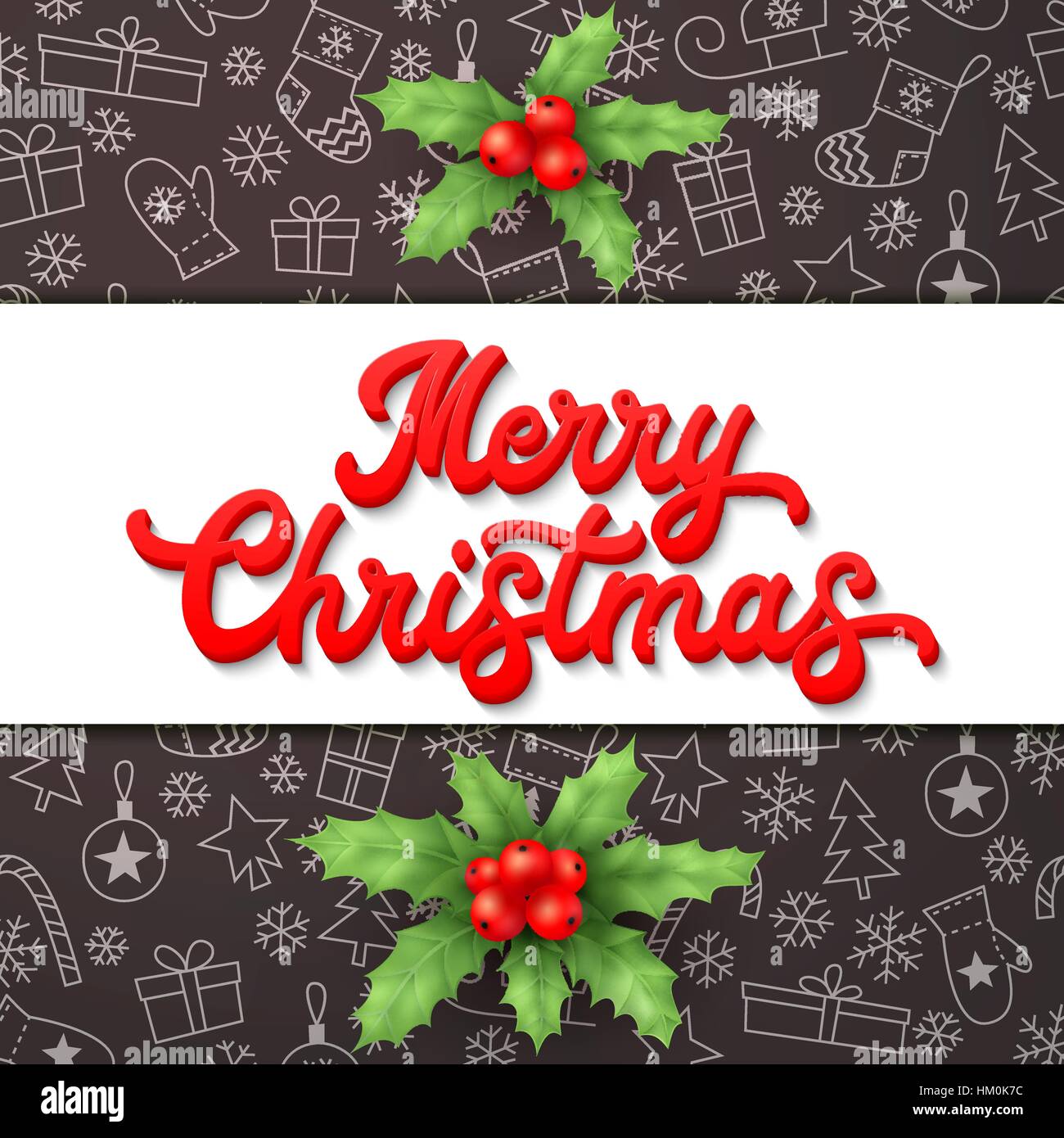 Auguri di Buon Natale. Red Xmas lettering iscrizione e holly nero su sfondo di Natale con slittini, alberi, sfere, doni. Decorazione per le stagioni greeting cards design. Font illustrazione vettoriale. Illustrazione Vettoriale