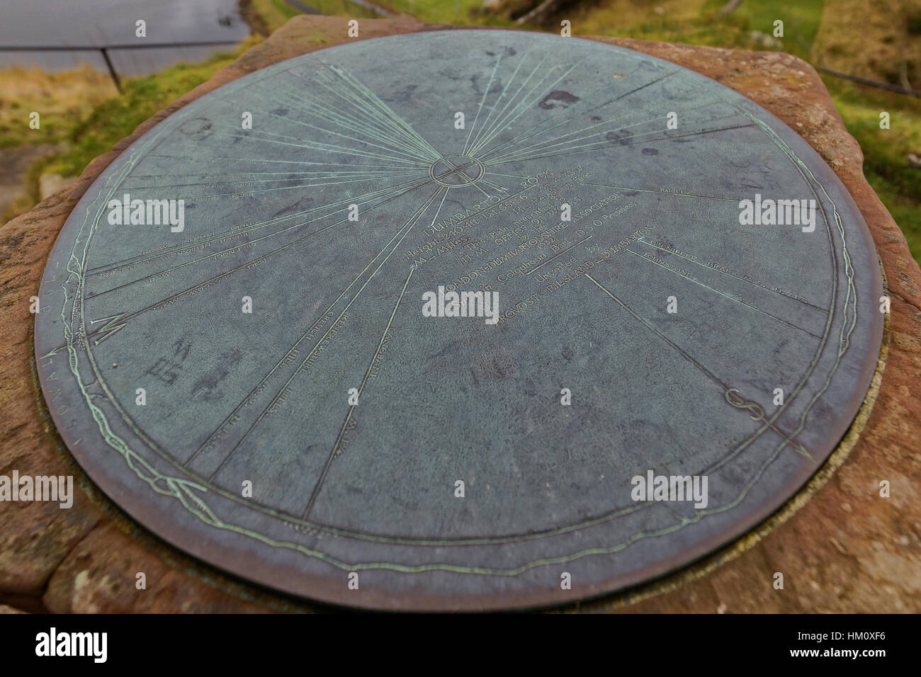 Toposcope (topografo o:Meridiana Mappa di stile che mostrano la direzione e le distanze per passi di nota torre bianca rupe Foto Stock