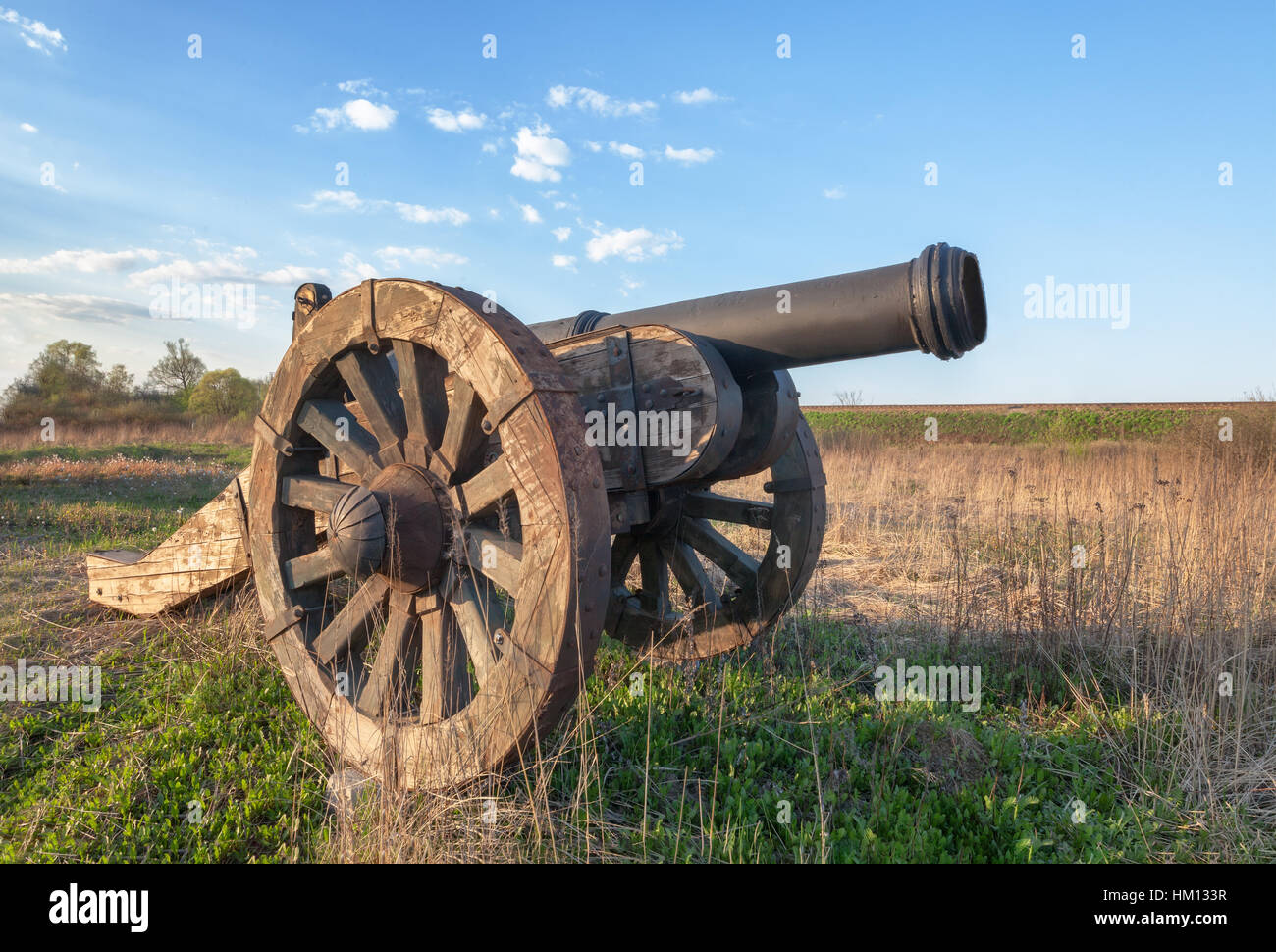 Il vecchio cannone con ruote di legno nel campo sullo sfondo del cielo blu. Vista laterale Foto Stock