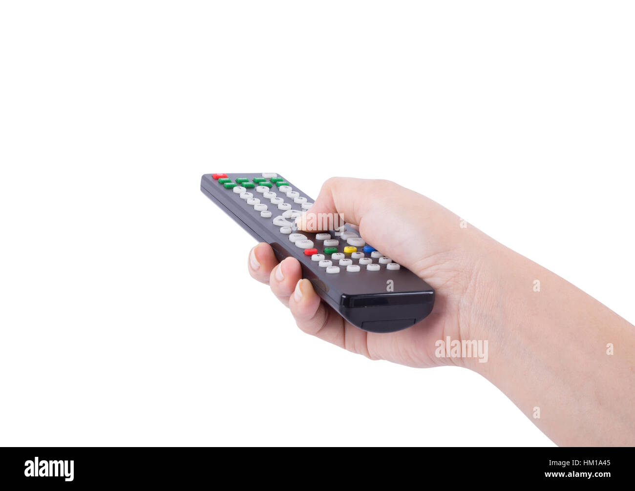 Mano con telecomando tv isolato su sfondo bianco Foto Stock
