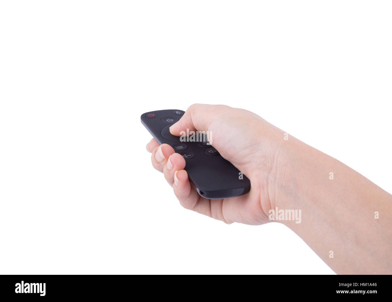 Mano con multimedia tv telecomando isolati su sfondo bianco Foto Stock