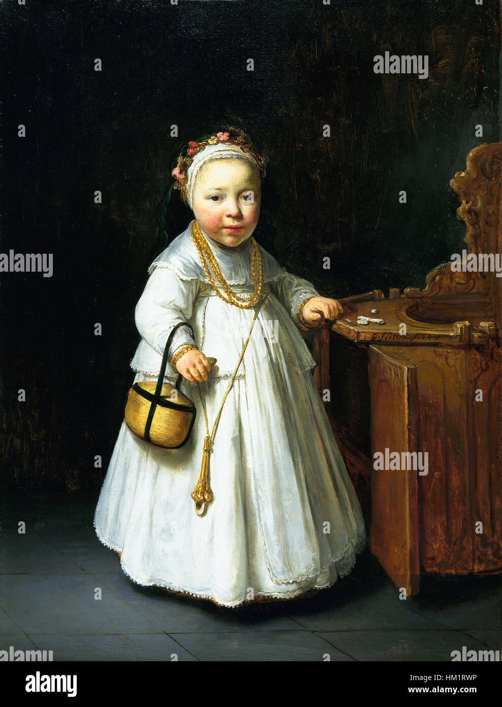 Questo dipinto ad olio di Govert Flinck, uno studente di Rembrandt, è riconosciuto per la sua resa dettagliata e l'uso magistrale di luce e ombra. L'opera cattura sia il carattere del soggetto che la capacità tecnica dell'artista nella pittura olandese del XVII secolo. Foto Stock