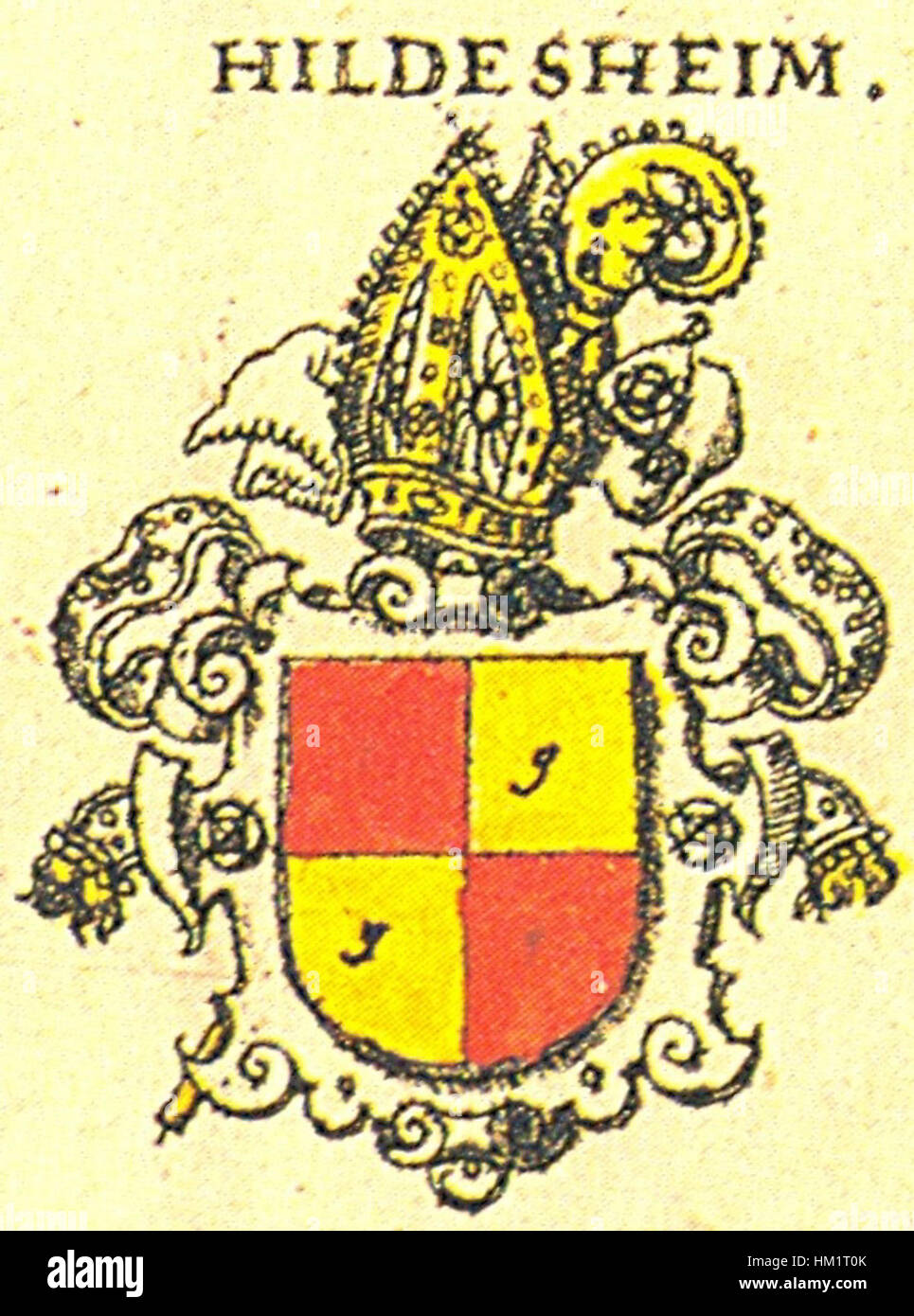 Questa immagine mostra lo stemma della diocesi di Hildesheim, storico simbolo ecclesiastico che rappresenta il patrimonio religioso e culturale della diocesi. Riflette la ricca storia e le tradizioni della regione di Hildesheim in Germania. Foto Stock