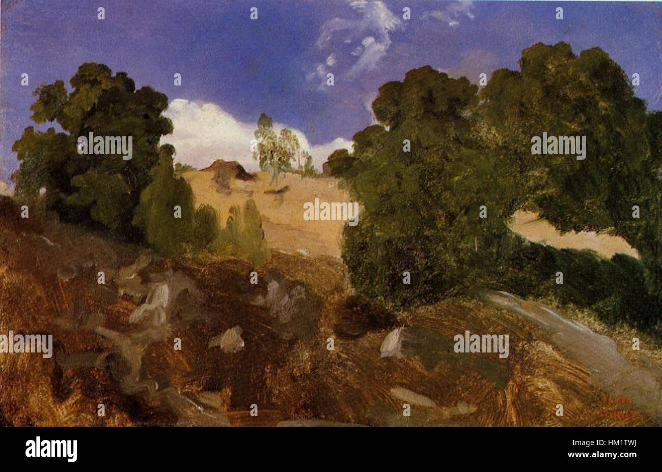 "A Fontainebleau" di Jean-Baptiste Camille Corot è un dipinto di paesaggio che cattura la bellezza naturale della foresta di Fontainebleau. L'opera riflette la padronanza di Corot della luce e dell'atmosfera, caratteristica della scuola di Barbizon, che enfatizzava l'osservazione diretta della natura. Foto Stock