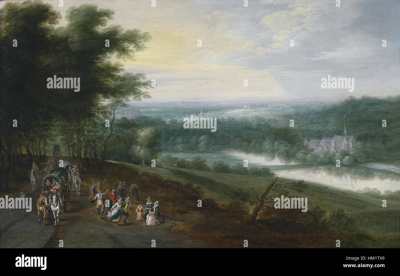 "Rivierlandschap met reizigers en dansende boeren op een pad" è un dipinto di Jan Breughel il giovane e Lucas van Uden, che raffigura un vivace paesaggio fluviale con viaggiatori e agricoltori danzanti. Le opere d'arte mostrano la vita vivace lungo le rive del fiume. Foto Stock