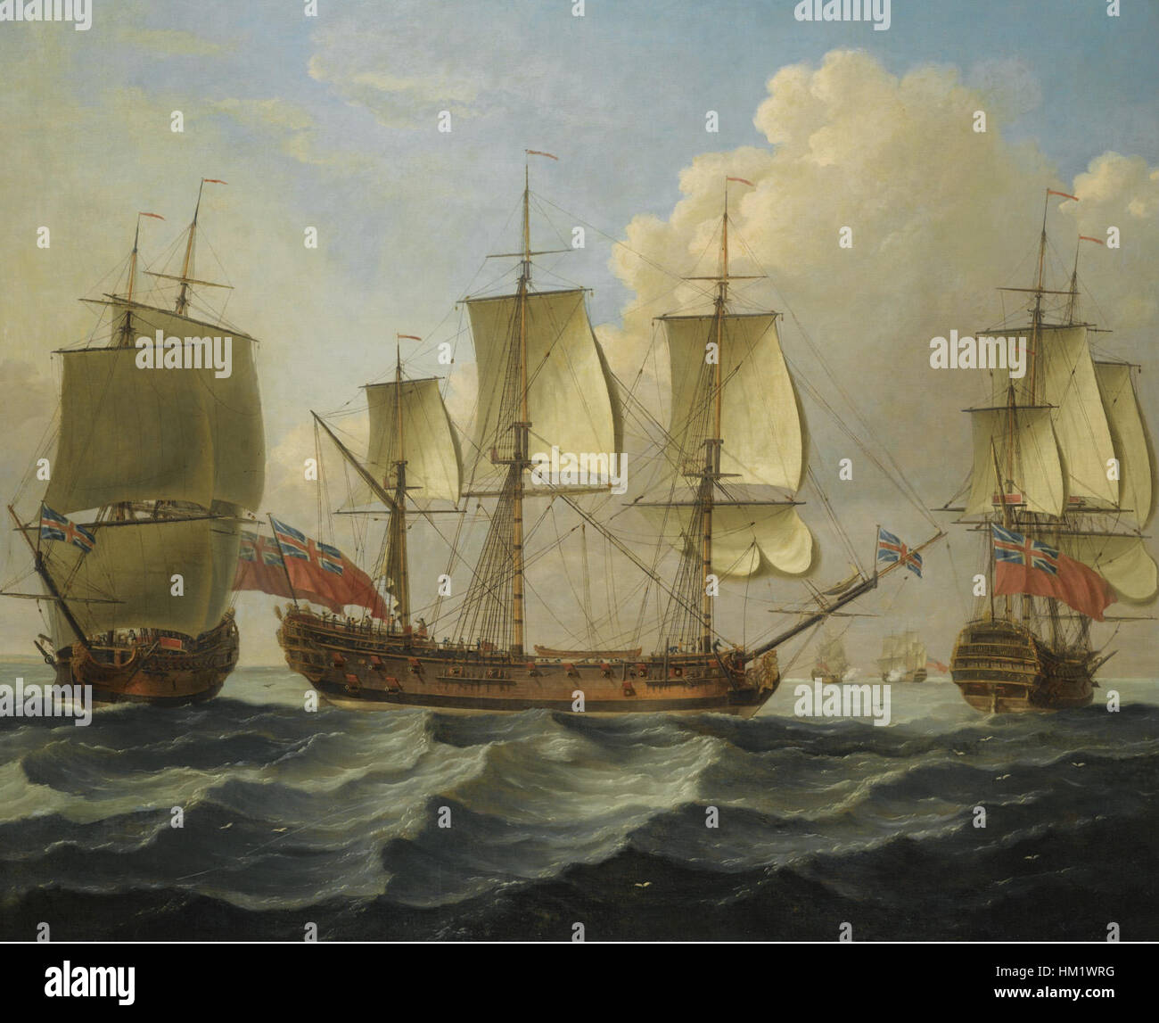 Il dipinto di John Cleveley il Vecchio "An East Indiaman in Three Positions" mostra la maestosa nave delle Indie Orientali, una nave chiave utilizzata nel XVIII secolo per il commercio britannico. Il lavoro è celebrato per la sua rappresentazione dettagliata del design e delle manovre di navigazione della nave. Foto Stock