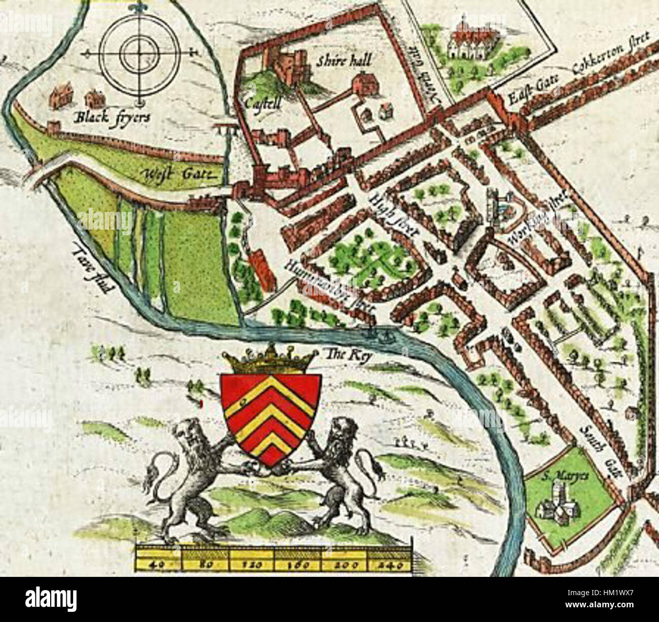 La mappa di Cardiff di John Speed del 1610, una delle prime raffigurazioni conosciute della città gallese, illustra la struttura della città, i punti di riferimento principali e l'area circostante. Questa mappa fornisce un riferimento storico essenziale per lo sviluppo di Cardiff all'inizio del XVII secolo. Foto Stock