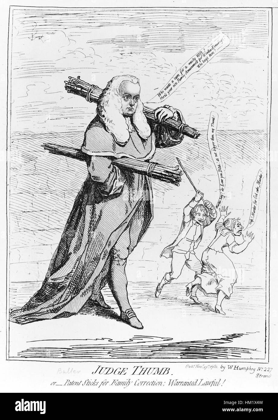 "Judge Thumb" è un personaggio storico dei cartoni animati, noto per il suo ruolo satirico nel commento politico. Il personaggio è stato usato per riflettere le questioni sociali e politiche in modo umoristico, esagerato, tipico dei primi fumetti politici. Foto Stock