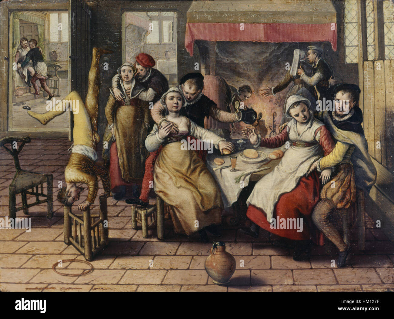 "Brothel" di Joachim Beuckelaer ritrae una scena della vita quotidiana, concentrandosi sulle dinamiche all'interno di un bordello storico, sottolineando l'attenzione dell'artista verso le figure umane e i contesti sociali dell'epoca. Foto Stock