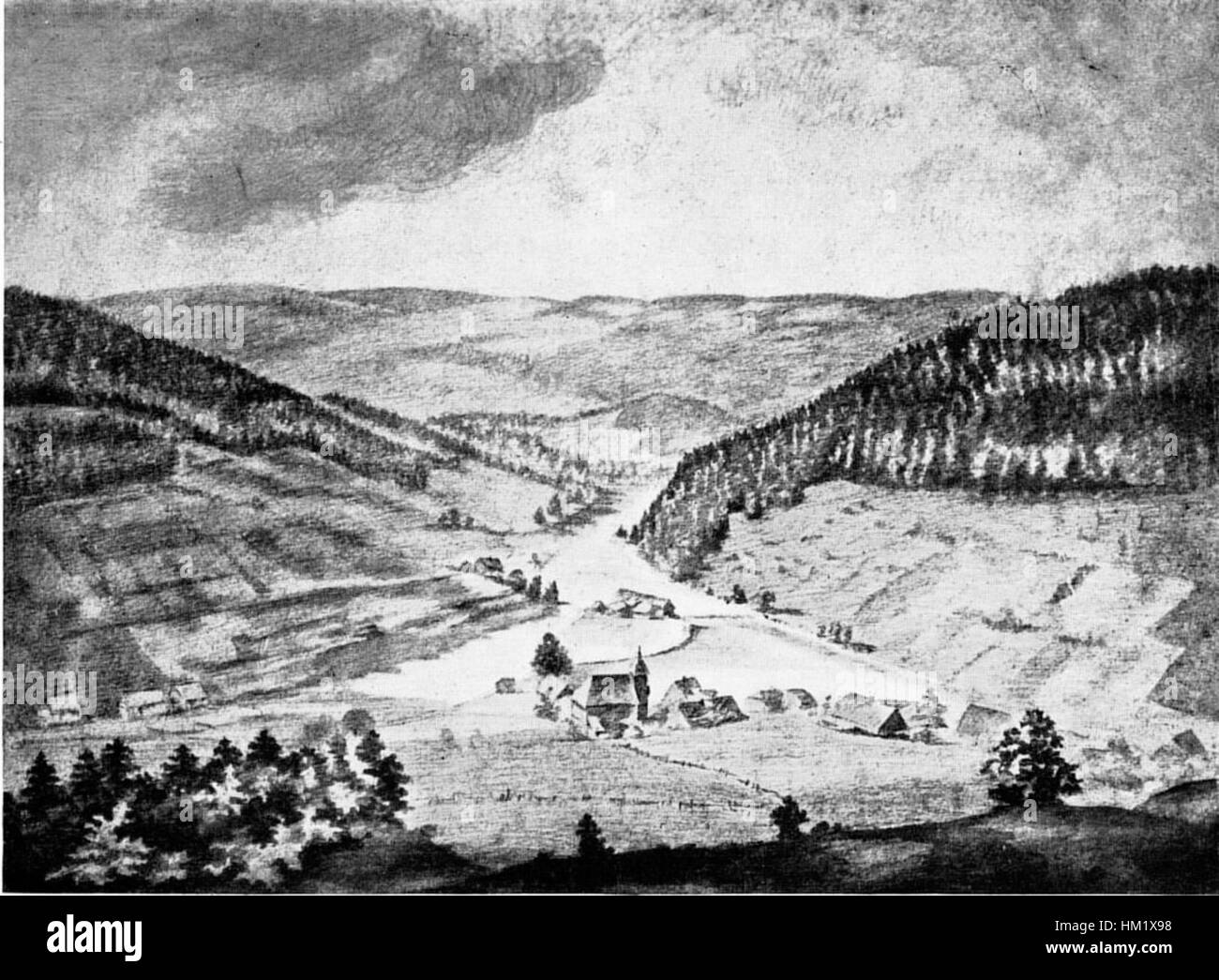 Questo disegno a inchiostro di Johann Wolfgang von Goethe, intitolato "Stuetzerbacher Grund bei Ilmenau", raffigura una scena paesaggistica in Germania, che mostra l'abilità artistica dello scrittore e il suo legame con il mondo naturale. Foto Stock