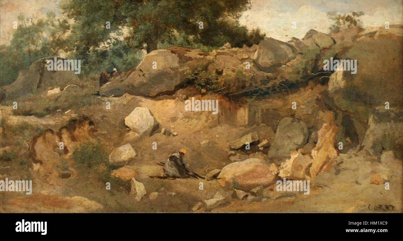 Un dipinto paesaggistico di Jean-Baptiste Camille Corot intitolato "Steengroeve van Chaise-Marie a Fontainebleau" che raffigura una vista panoramica della foresta di Fontainebleau. Foto Stock