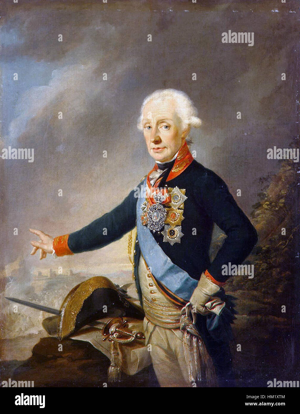 Questo dipinto storico di Joseph Kreutzinger ritrae Alexander Suvorov, il famoso generale russo. Suvorov è raffigurato in regali militari, riflettendo il suo status di una delle più grandi figure militari della Russia. L'opera d'arte mette in evidenza la sua leadership e l'eredità nella storia russa. Foto Stock