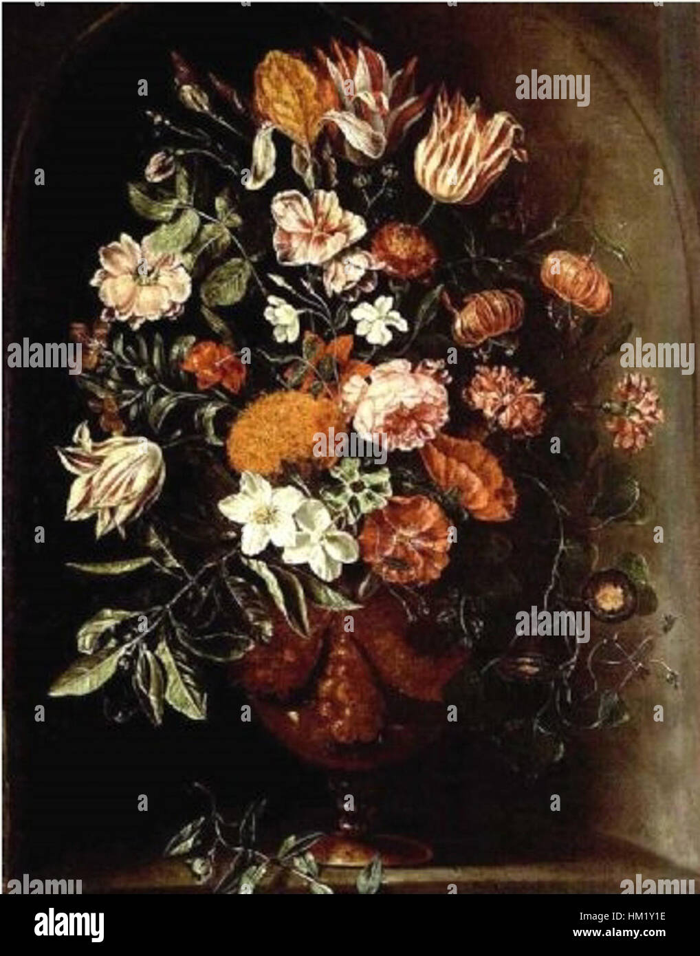 Il dipinto STILL Life di Peter Kessel presenta vivaci tulipani disposti in una nicchia di pietra, che mostra la sua esperienza nel raffigurare il mondo naturale con meticolosa attenzione ai dettagli nelle sue opere d'arte. Foto Stock