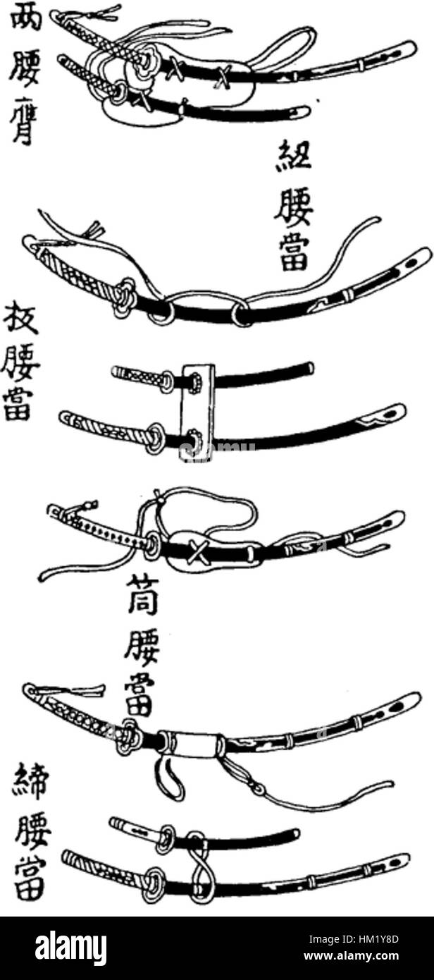 I Koshiate sono appendiabiti decorativi per spade usati nelle tradizionali armature giapponesi dei samurai. Questi accessori ornamentali sono stati realizzati per tenere la spada in posizione, spesso mostrando disegni intricati che riflettevano le preferenze estetiche dei samurai. Le grucce sono una parte essenziale del sistema di trasporto della spada, enfatizzando sia la funzionalità che la bellezza dell'armatura giapponese. Foto Stock