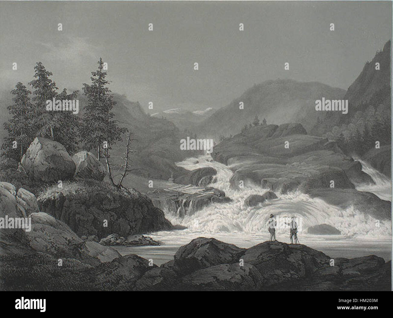 Questo dipinto raffigura Laurbrofos, un luogo panoramico vicino a Kongsberg, Norvegia, dipinto da Bagge. L'opera riflette la bellezza del paesaggio norvegese con paesaggi naturali dettagliati, offrendo uno sguardo sull'arte norvegese del XIX secolo. Foto Stock