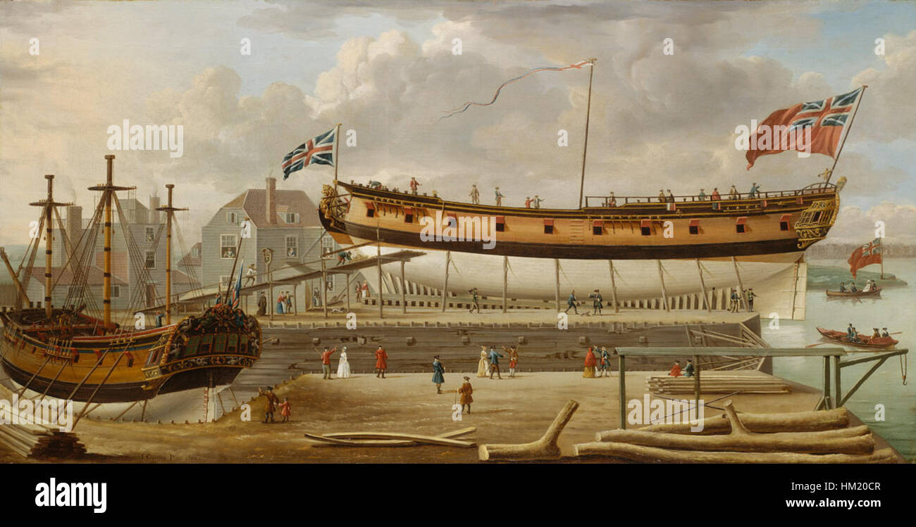 Questo dipinto di John Cleveley il Vecchio raffigura una nave da guerra di sesta classe in costruzione sulle scorte, che mostra l'artigianato dettagliato e il design delle navi navali nel XVIII secolo. Foto Stock
