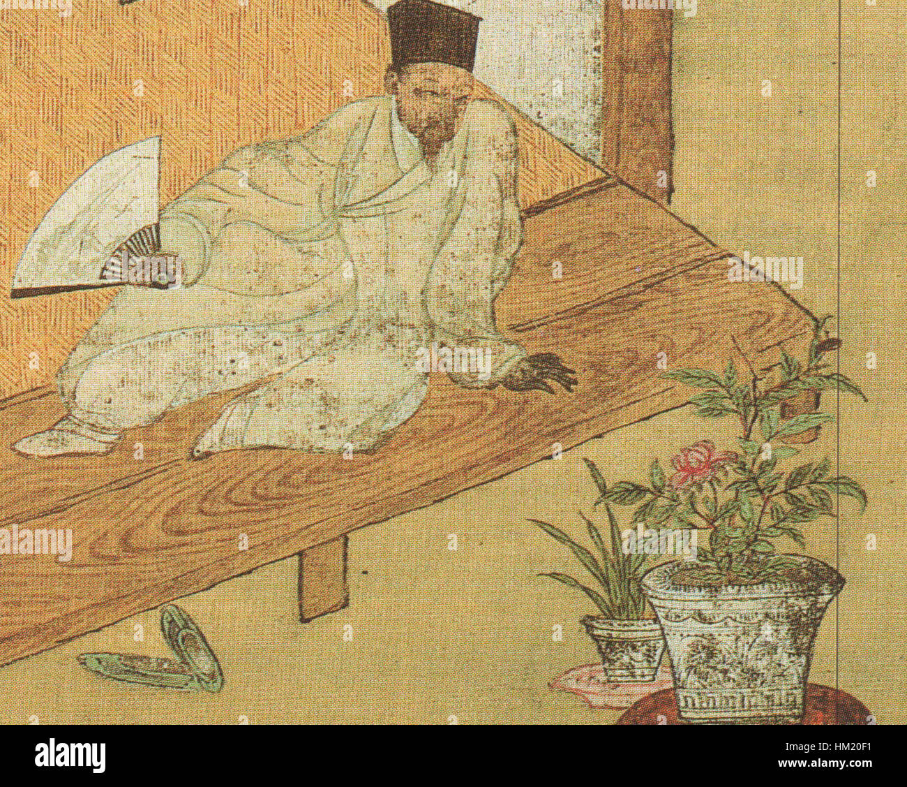 Questa opera d'arte intitolata "Taking a Rest After Reading Books" di Jeon Seon mostra un momento tranquillo di relax, catturando la serenità tranquilla del riflesso post-lettura in una scena delicatamente dipinta. Foto Stock