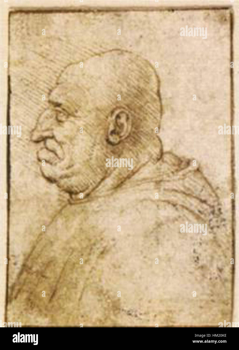 La "caricatura di un vecchio calvo" di Leonardo da Vinci è uno schizzo umoristico che cattura le caratteristiche distintive di un anziano con dettagli esagerati. Come studio sull'espressione umana, mette in mostra l'abilità di Leonardo nell'osservare e rappresentare gli aspetti realistici e comici delle caratteristiche umane, dimostrando la sua versatilità come artista. Foto Stock