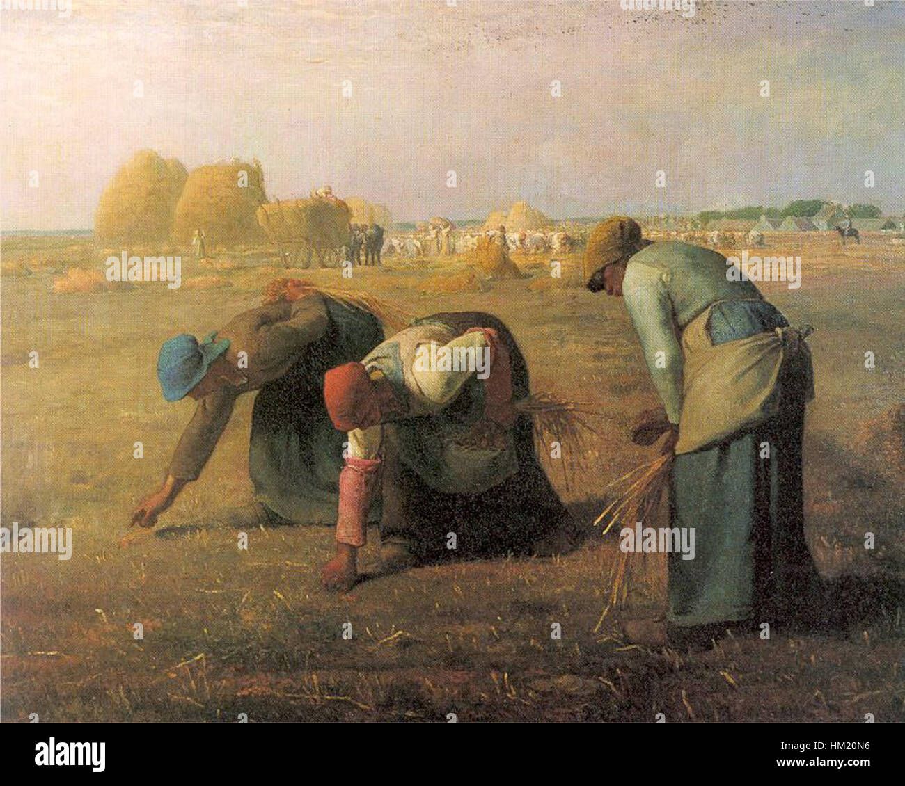 Il Millet 'The Gleaners' è un rinomato dipinto ad olio del XIX secolo, che ritrae tre donne che raccolgono grano residuo in un campo rurale. L'opera d'arte mette in evidenza le dure realtà della vita contadina durante il periodo di lavoro agricolo della campagna francese. Foto Stock