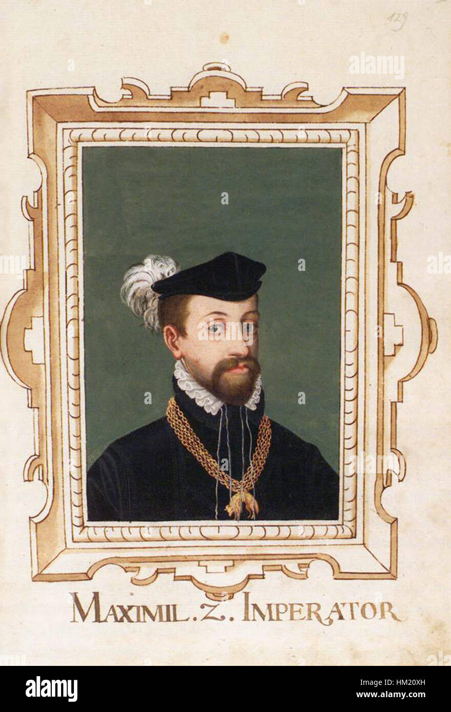 Questo ritratto di Hieronymus Beck Von Leopoldsdorf raffigura l'imperatore Massimiliano II del Sacro Romano Impero. Le opere d'arte catturano la regalità dell'imperatore in abiti del XVI secolo. Foto Stock