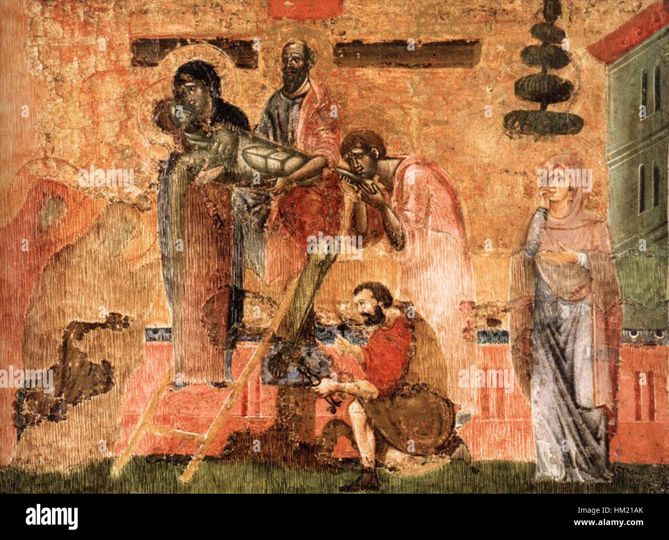 La "deposizione" di Guido da Siena è un'opera d'arte del XIV secolo che raffigura il momento in cui il corpo di Cristo viene tolto dalla croce. Il dipinto cattura una significativa scena religiosa con una ricca iconografia e un tradizionale stile medievale. Foto Stock La "deposizione" di Guido da Siena è un'opera d'arte del XIV secolo che raffigura il momento in cui il corpo di Cristo viene tolto dalla croce. Il dipinto cattura una significativa scena religiosa con una ricca iconografia e un tradizionale stile medievale. Foto Stock