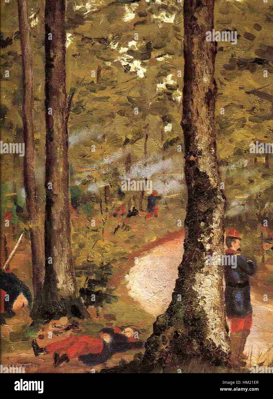 "Militaires dans un bois, Yerres" è un dipinto ad olio di Gustave Caillebotte, che cattura gli ufficiali militari francesi in una foresta. L'opera d'arte è nota per la sua dettagliata rappresentazione dei soldati e del loro ambiente, evidenziando l'abilità di Caillebotte nel paesaggio e nella pittura di figure. Foto Stock