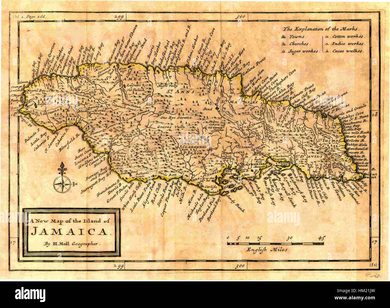 Una mappa storica di Herman Moll, creata nel 1717, intitolata "A New Map of the Island of Jamaica", che descrive la geografia dell'isola all'inizio del XVIII secolo. Foto Stock
