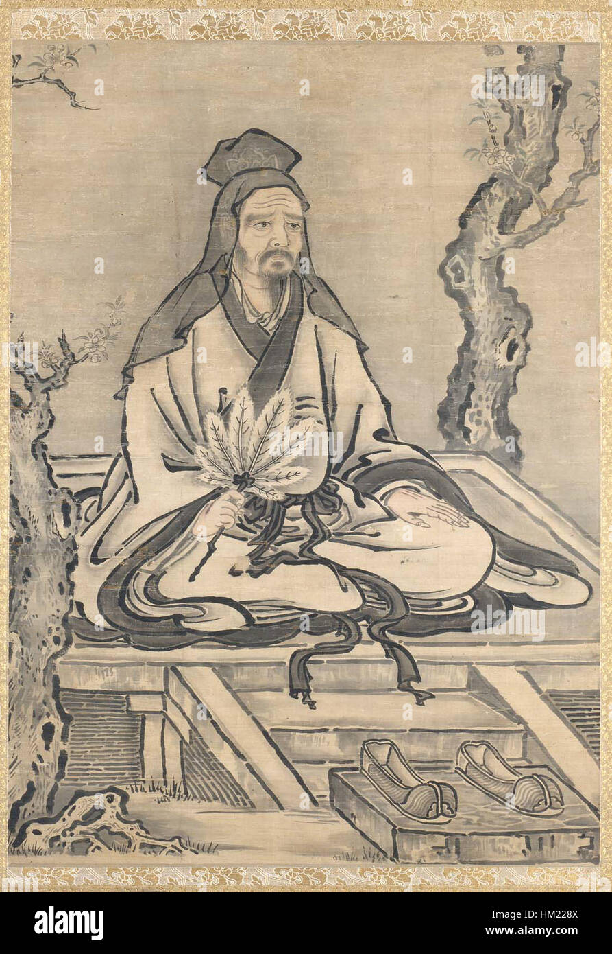 Questo dipinto di Kano Tanyu illustra Confucio con i suoi discepoli, Yan Hui e Zeng Sen, trasmettendo i profondi insegnamenti filosofici ed etici del confucianesimo. Rappresenta i valori della saggezza e della virtù. Foto Stock