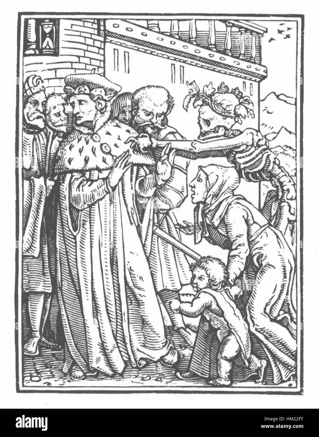 *Danse Macabre 13* di Hans Holbein è un'incisione della sua famosa serie *Danse Macabre*. L'immagine raffigura la danza simbolica tra morte e vita, illustrando un tema medievale della mortalità. La magistrale esecuzione di Holbein porta al momento un senso di presunzione ed inevitabilità. Foto Stock