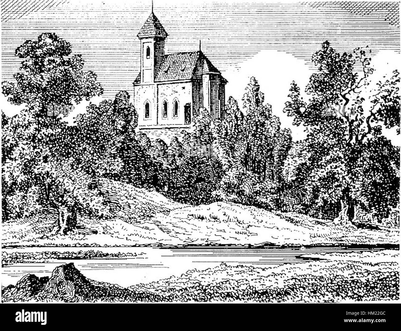 Questa incisione in acciaio del 1850 di Johann Poppel raffigura la chiesa di Sant'Anna ad Harlaching, Monaco di Baviera, che mostra lo stile architettonico e il significato storico di questa chiesa del XIX secolo in Baviera. Foto Stock Questa incisione in acciaio del 1850 di Johann Poppel raffigura la chiesa di Sant'Anna ad Harlaching, Monaco di Baviera, che mostra lo stile architettonico e il significato storico di questa chiesa del XIX secolo in Baviera. Foto Stock
