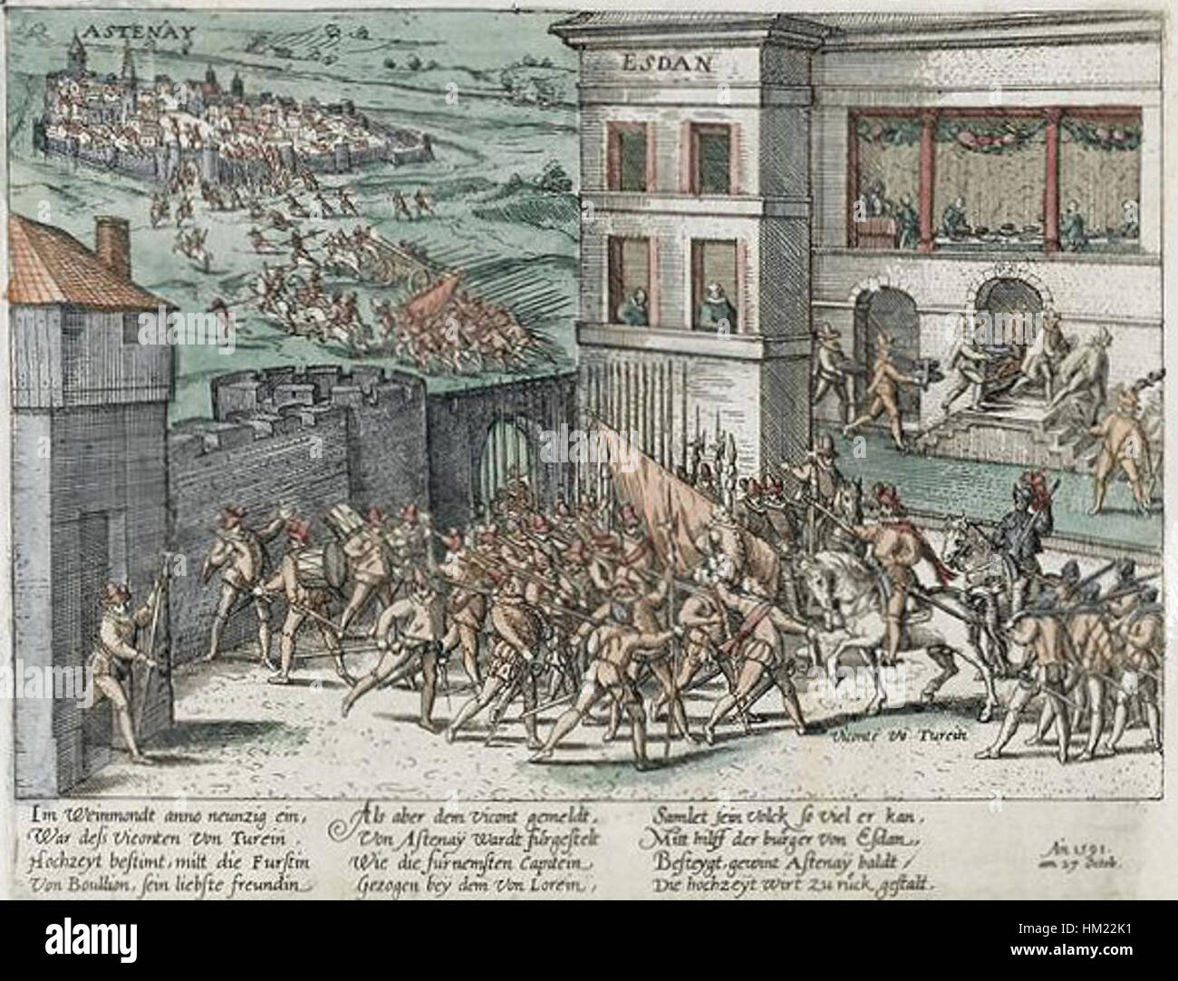 Questa opera d'arte storica raffigura il matrimonio di Henri de la Tour d'Auvergne, con ritratti dettagliati e una particolare attenzione agli aspetti cerimoniali dell'evento. Il dipinto mette in risalto l'aristocrazia francese del XVII secolo. Foto Stock